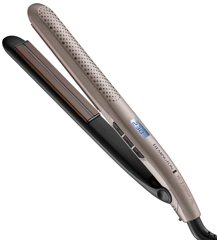 Prostownica do włosów, otwarta, z wyświetlaczem temperatury i jasnym metalicznym wykończeniem.