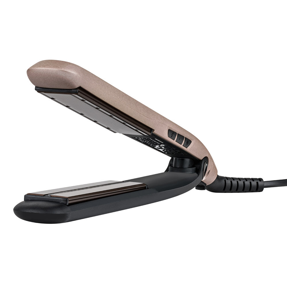 Prostownica do włosów w pozycji otwartej z czarnymi płytkami i złotym uchwytem.