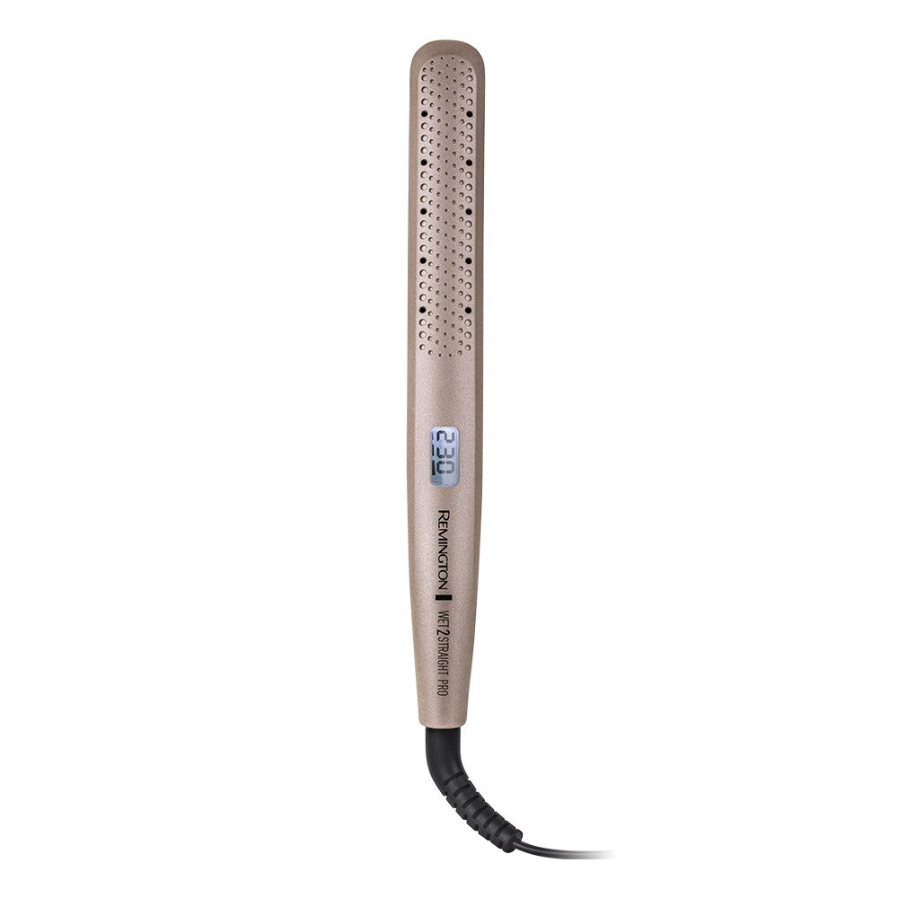 Złota prostownica do włosów. Ekran pokazuje 230. Remington Wet2Straight Pro. Czarny kabel.