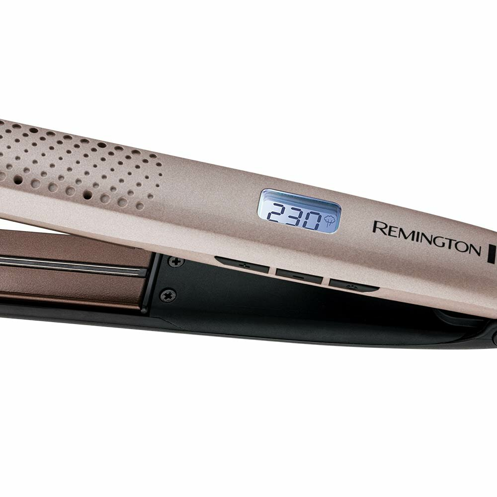 Złoto-czarna prostownica do włosów Remington z wyświetlaczem cyfrowym.