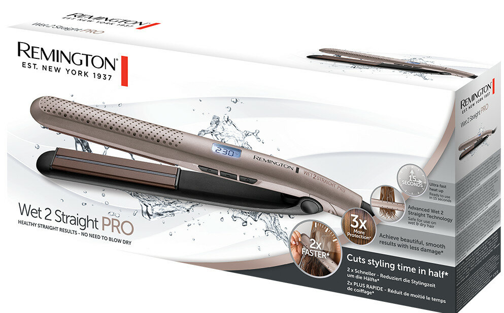 Prostownica w opakowaniu. Jest brązowa i czarna z cyfrowym wyświetlaczem. Na pudełku tekst.