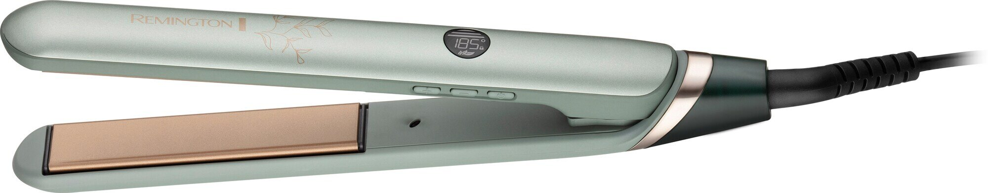 Prostownica Remington, jasnozielona ze złotymi i czarnymi akcentami. Wyświetlacz cyfrowy pokazuje 185 stopni.
