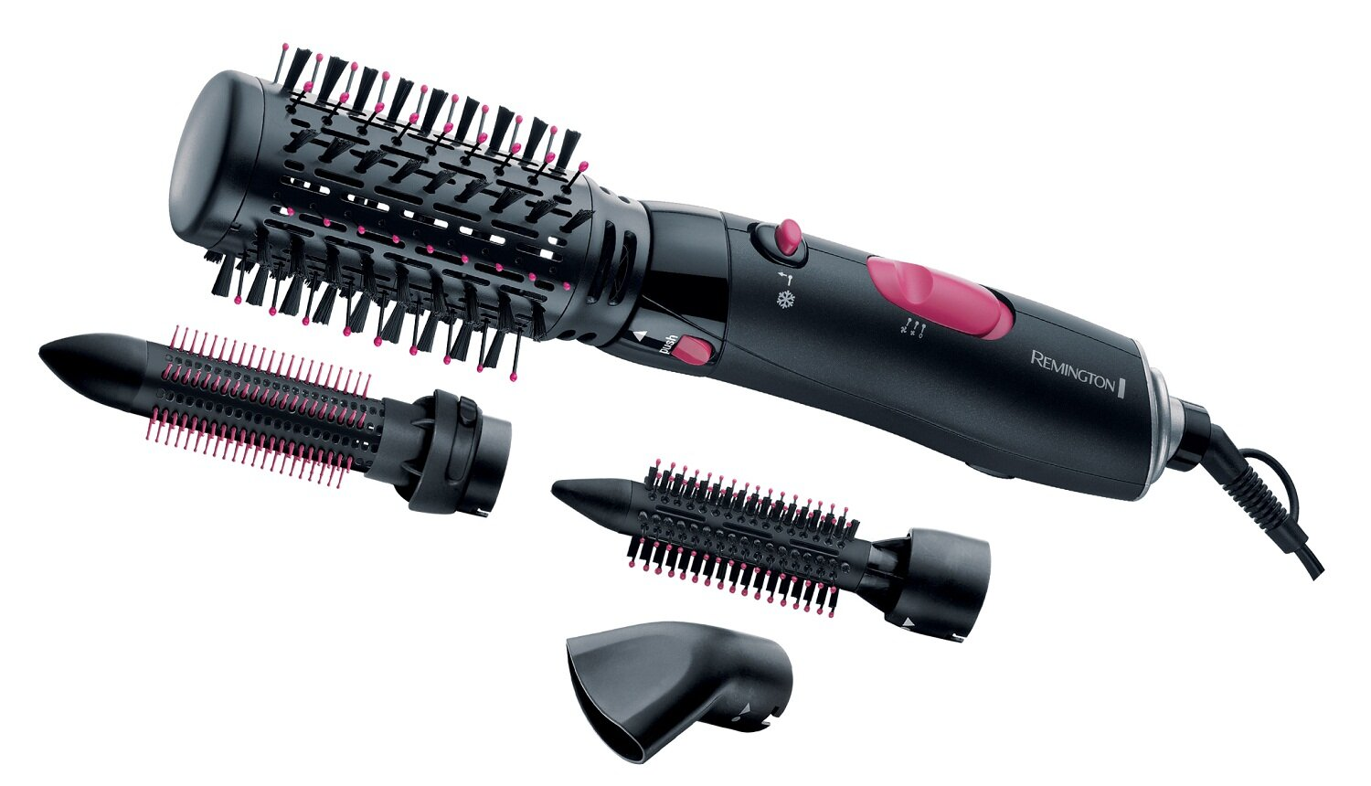 Czarno-różowa lokówka Remington z odłączanymi głowicami. Białe tło.