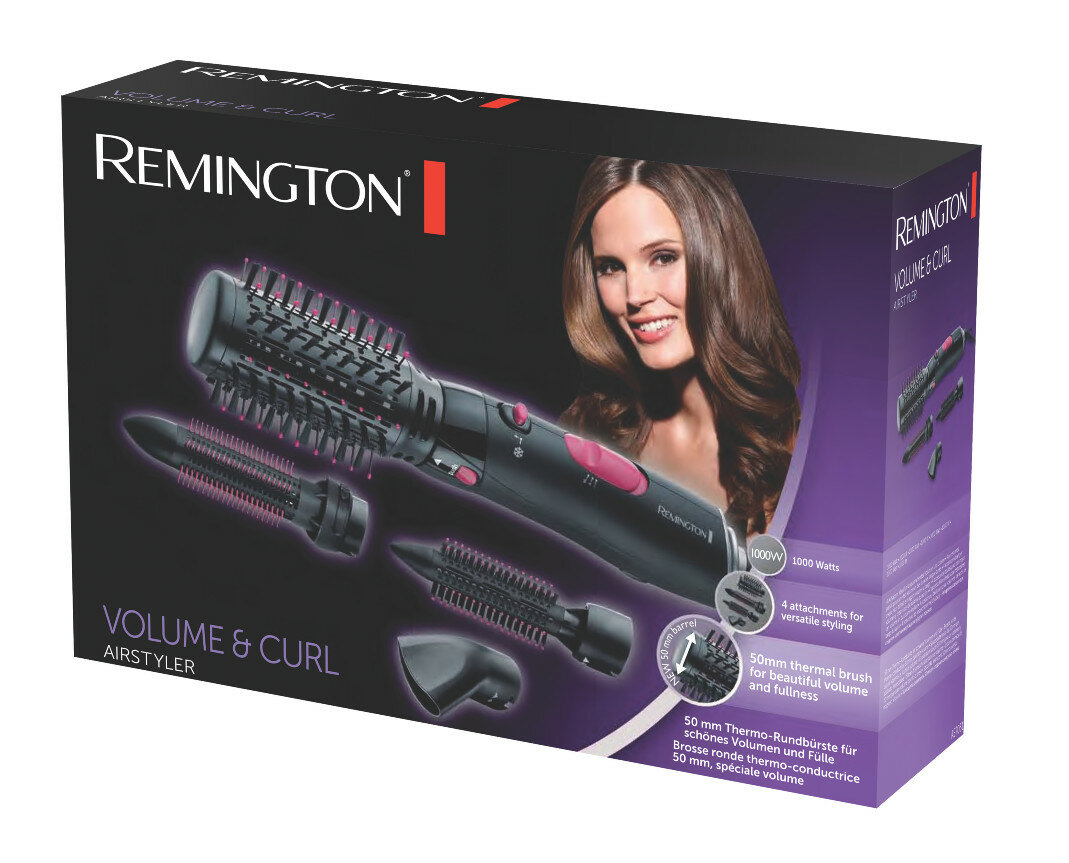 Pudełko Remington do stylizacji włosów ze stylizatorem i akcesoriami oraz twarzą kobiety.