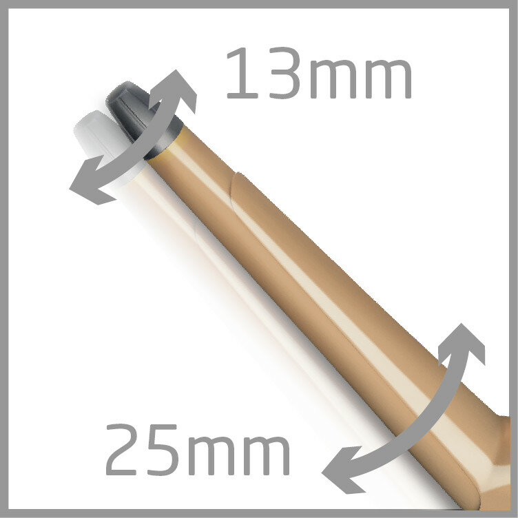 Lokówka z wskaźnikami rozmiaru 13 mm i 25 mm, ze strzałkami pokazuj ącymi obrót.