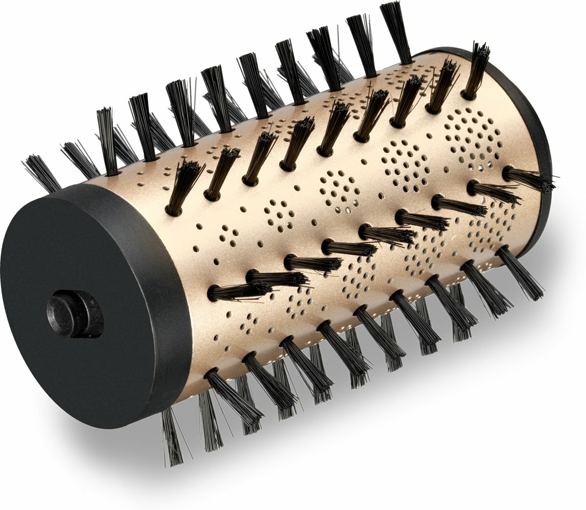 Złoto-czarny wałek do szczotki do włosów z czarnym włosiem, na białym tle.