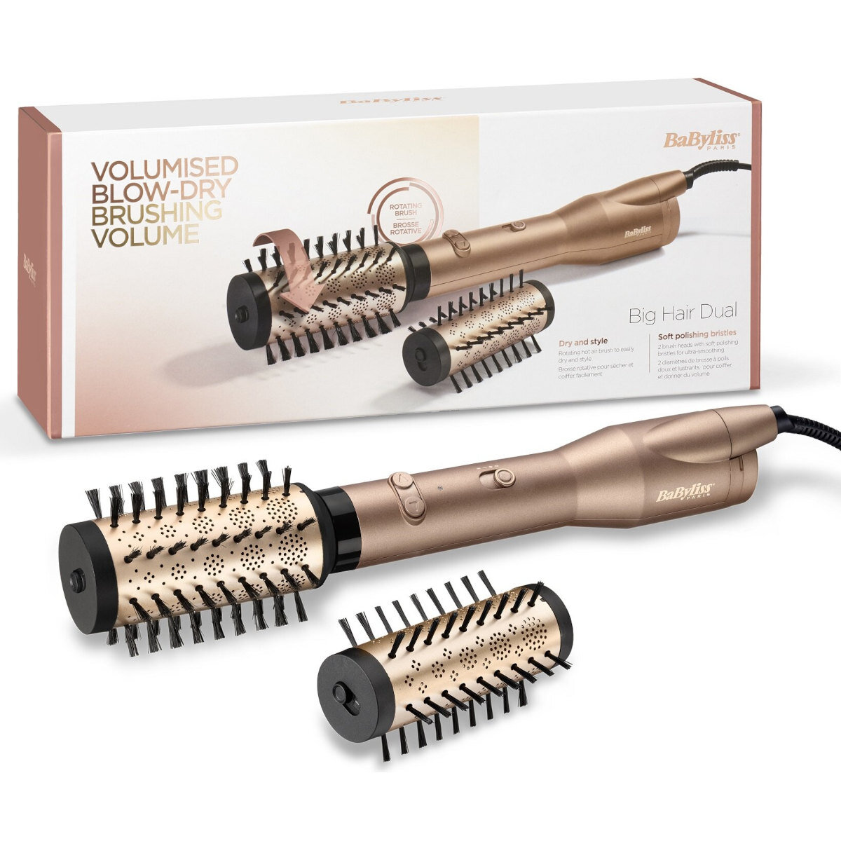 Babyliss Big Hair Dual, złota stylizacja włosów z dwoma nasadkami szczotkowymi na białym pudełku.