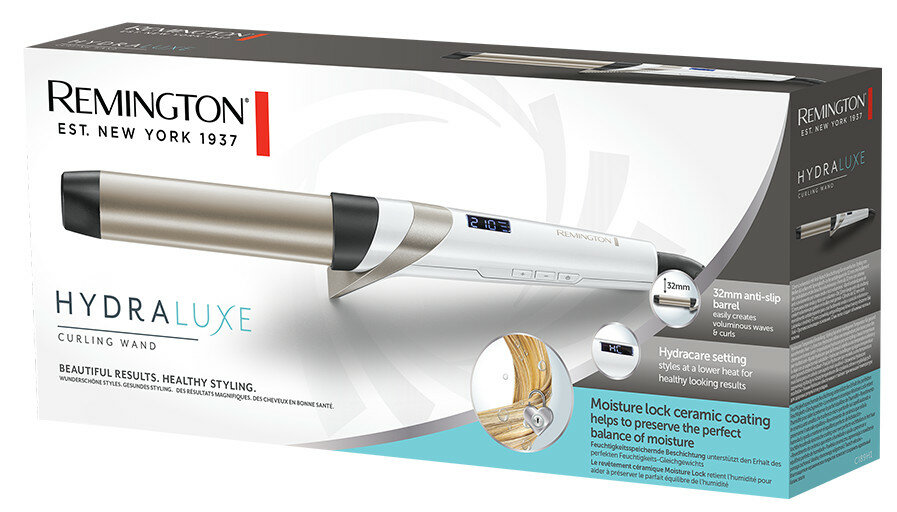 Lokówka Remington Hydraluxe jest pokazana w opakowaniu. Pudełko pokazuje lokówkę, szczegóły i funkcje stylizacji włosów.