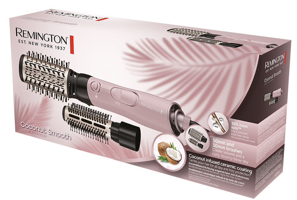 Pudełko suszarki do włosów Remington Coconut Smooth z akcesoriami, różowe i białe.