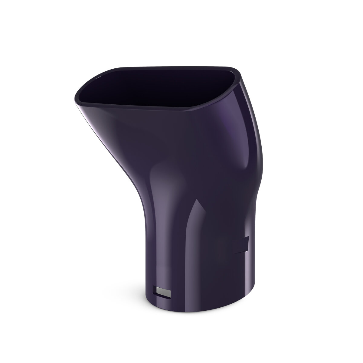 Ciemnofioletowa, zakrzywiona dysza suszarki do włosów na białym tle.