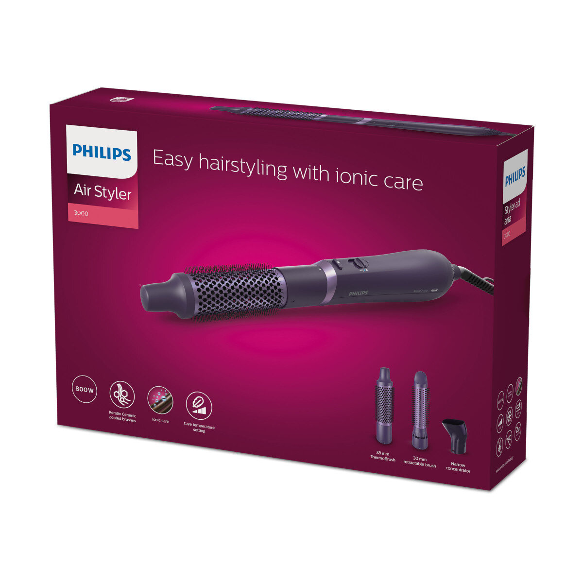Różowe pudełko z Philips Air Styler 3000 i akcesoriami do stylizacji włosów.