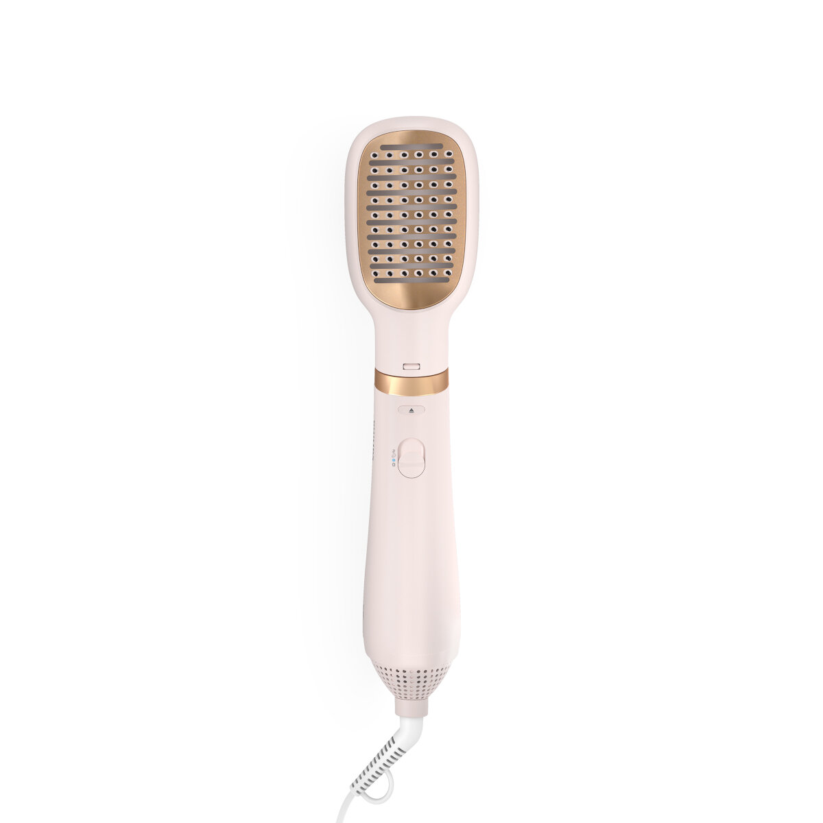 Biała i złota szczotka do stylizacji włosów, z białym kablem.