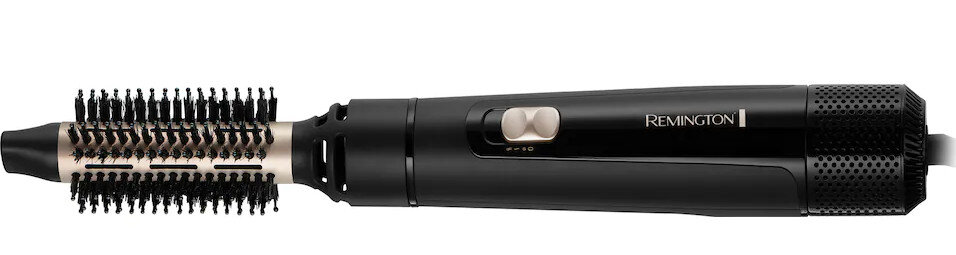 Czarna i złota szczotka do stylizacji włosów Remington na białym tle. Ma czarny uchwyt.