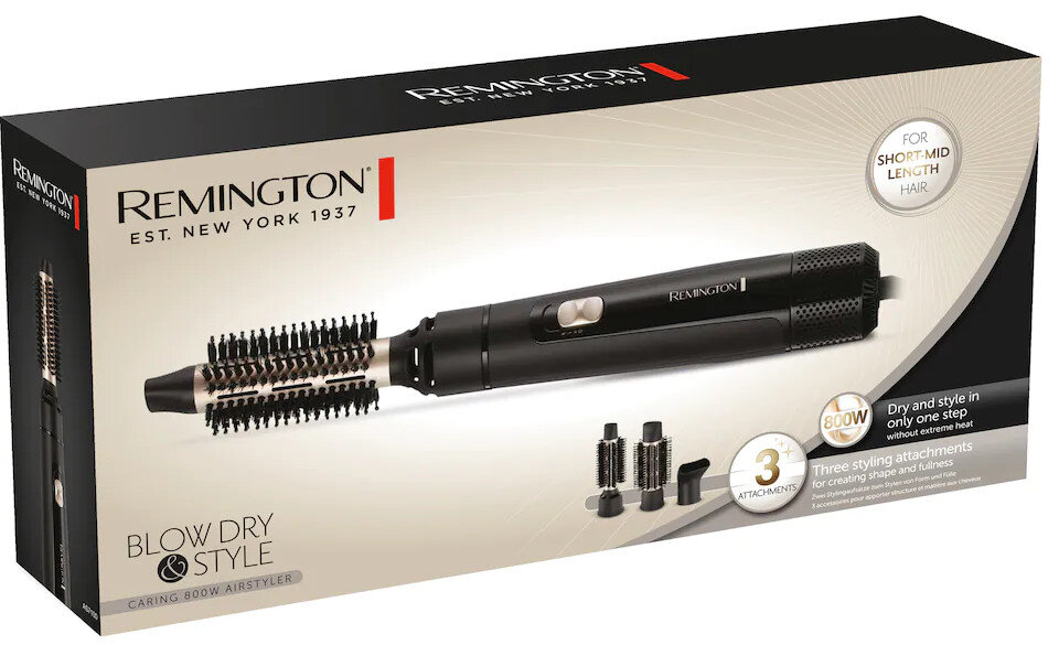 Pudełko z suszarką do włosów z produktem, nasadkami i tekstem: 'Blow Dry Style'.