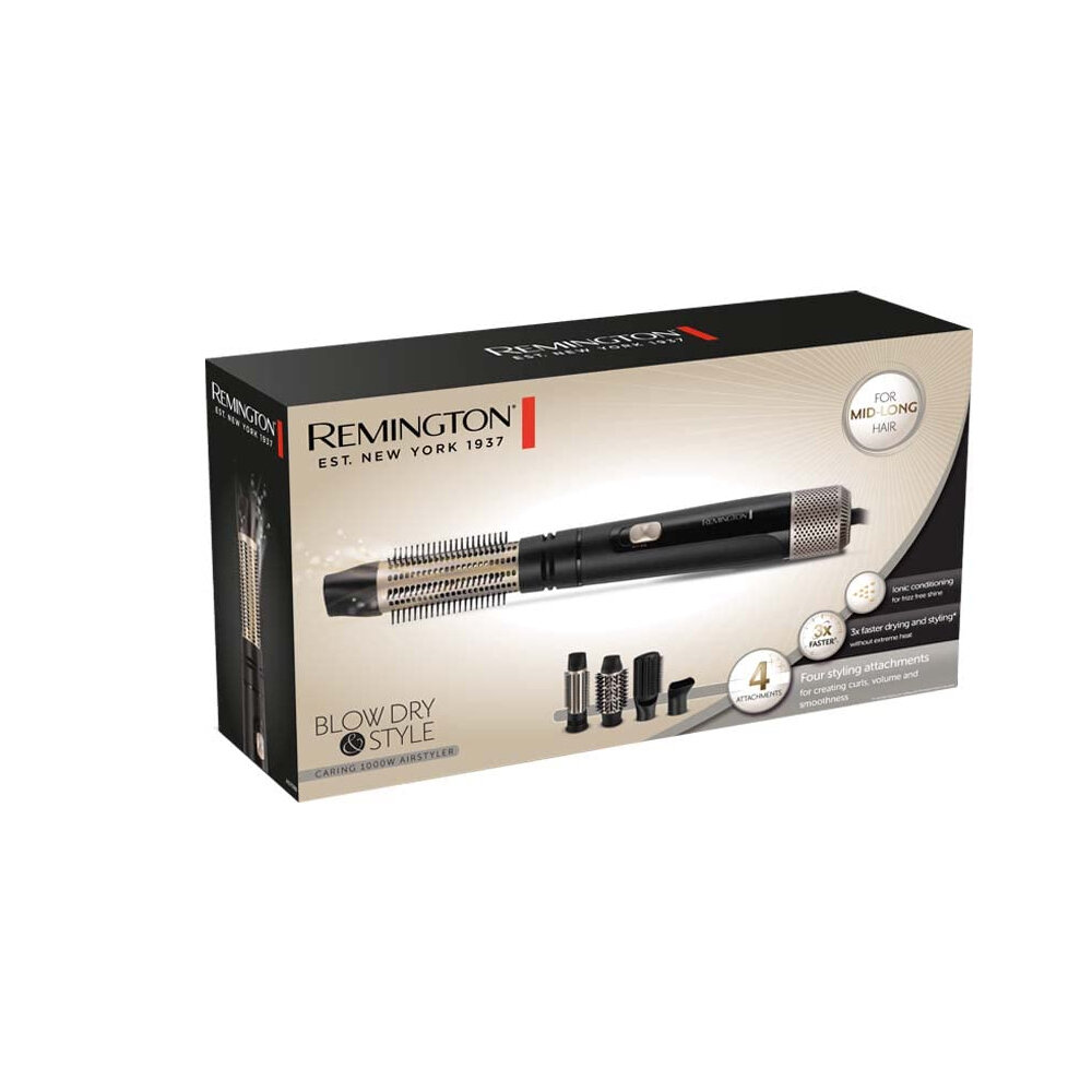 Pudełko prostownicy Remington. Pudełko pokazuje prostownicę i nasadki.