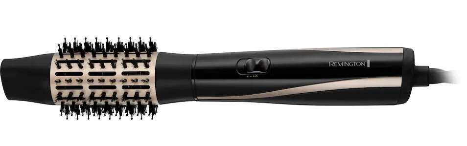 Czarna i złota obrotowa szczotka do włosów Remington, pokazująca głowicę i uchwyt.
