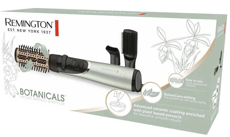 Biało-srebrny stylizator włosów z nasadkami na białej powierzchni przed pudełkiem z tekstem.