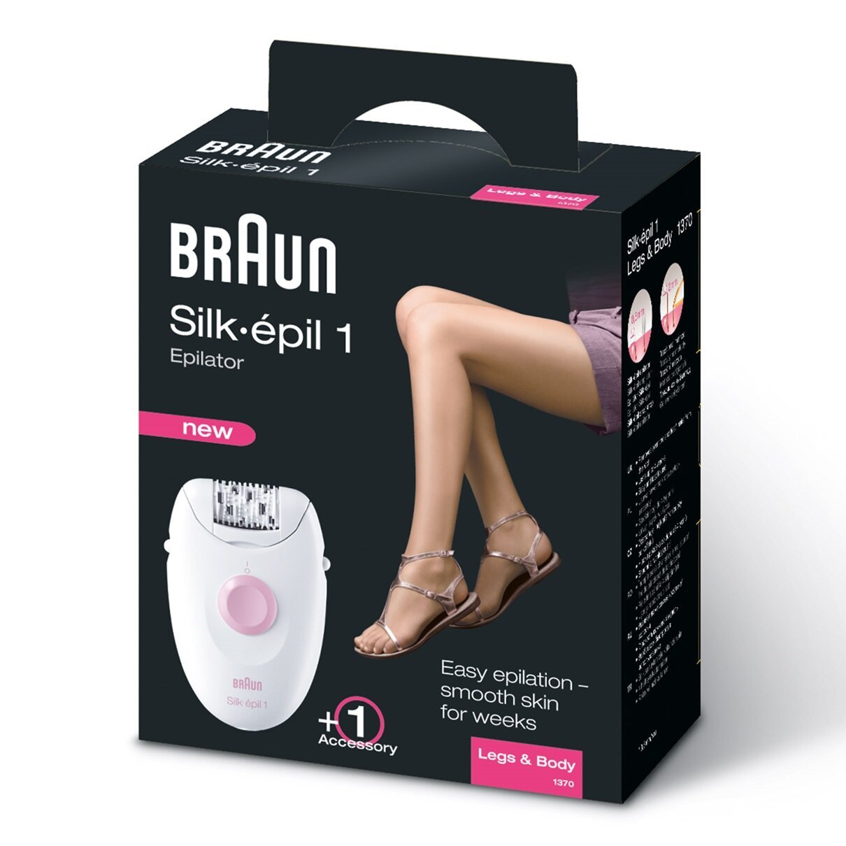 Pudełko depilatora Braun Silk-épil 1 ze zdjęciem nóg i depilatorem. Tekst: Łatwa depilacja dla gładkiej skóry.