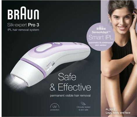 System usuwania włosów IPL Braun Silk-expert Pro 3, z kobietą i informacjami o produkcie.