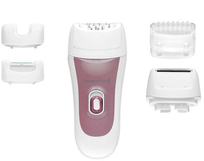 Epilator Remington, biało-różowa obudowa, wiele nasadek do usuwania włosów.