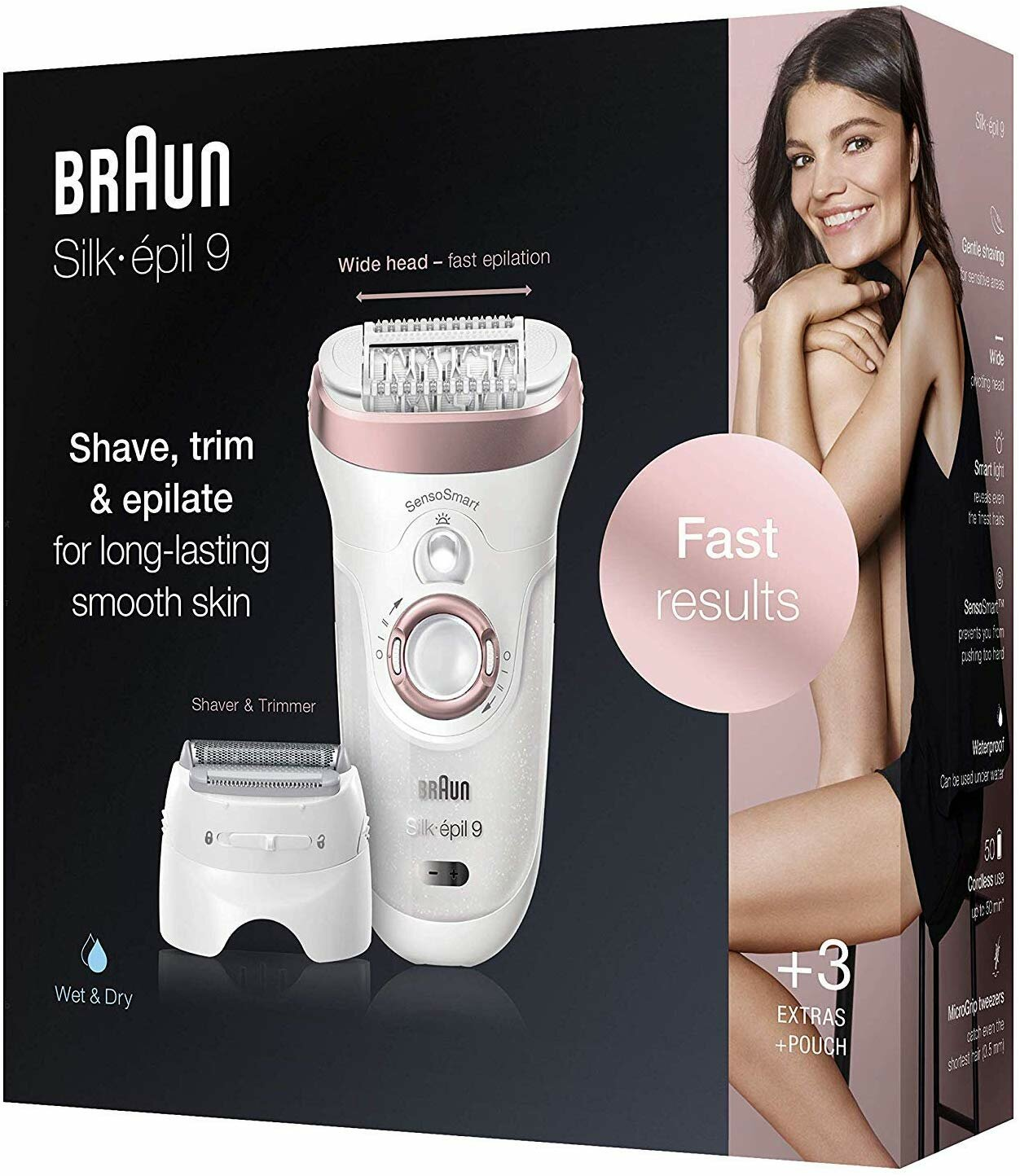 Depilator Braun Silk-épil 9 z akcesoriami i uśmiechniętą kobietą. Mokro i sucho.