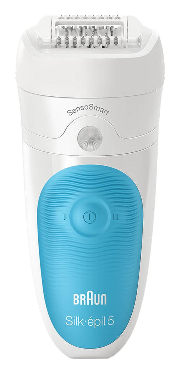 Biały depilator Braun Silk-épil 5 z niebieskim uchwytem i technologią Sensosmart.