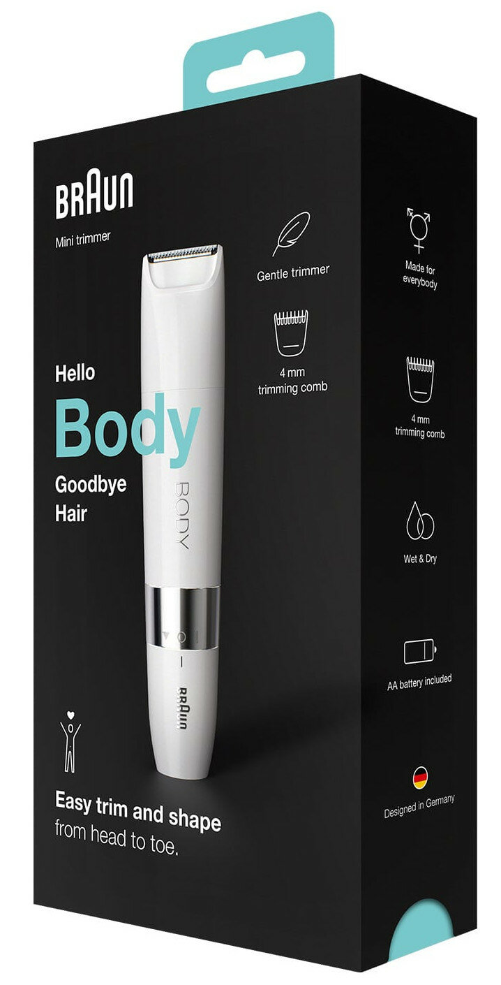 Pudełko mini trymera Braun. Biały trymer na wystawie. Czarne pudełko z tekstem i ikonami, w tym 'Hello Body Goodbye Hair'.