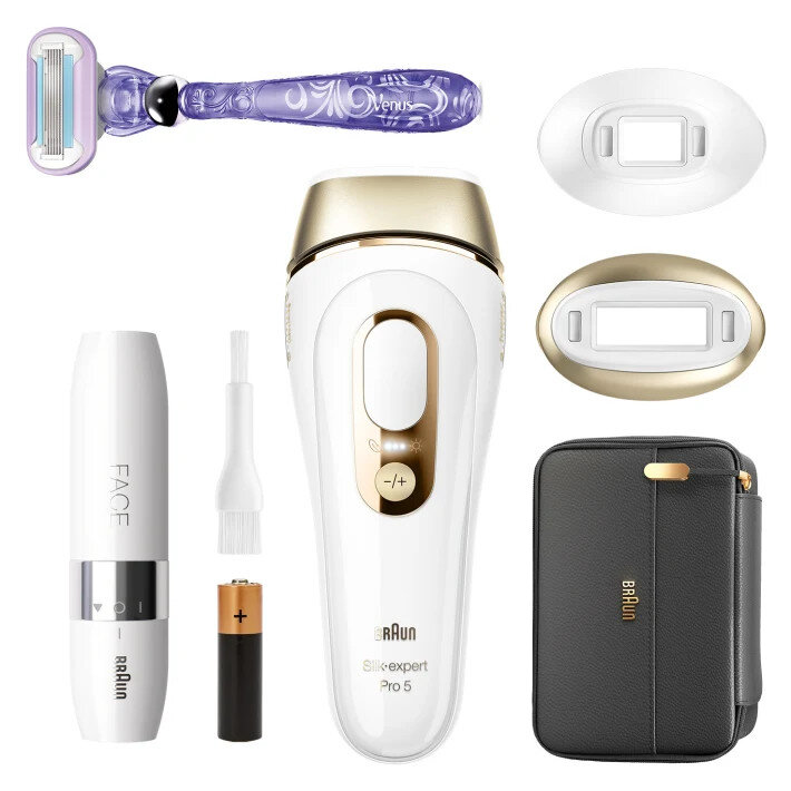 Urządzenie Braun Silk-expert Pro 5 z nasadkami i golarką. Zawiera urządzenie do twarzy i czarne etui podróżne.