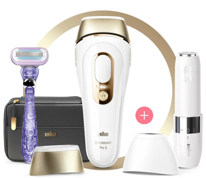Urządzenie IPL Braun Silk-expert Pro 5, maszynka do golenia, czarne etui i akcesoria zaprezentowane razem.