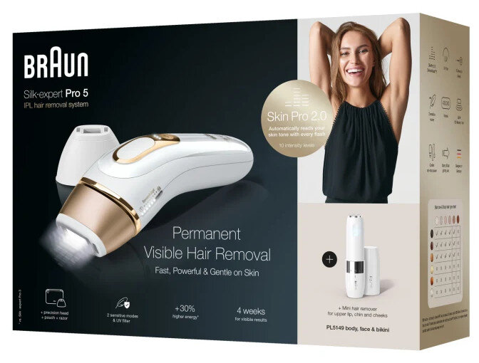 Pudełko z systemem usuwania włosów i wizerunkiem kobiety oraz mini depilatorem.