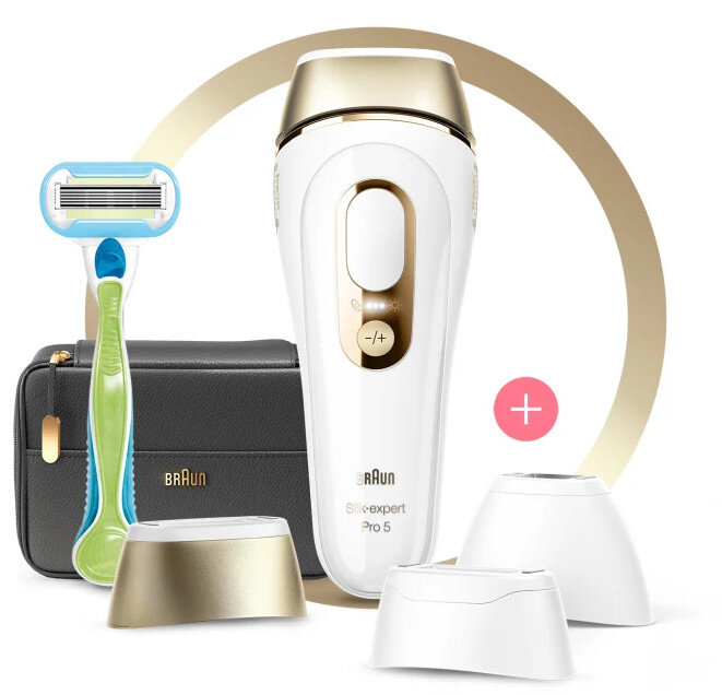 Urządzenie do usuwania włosów Braun Silk-expert Pro 5 z akcesoriami i golarką.