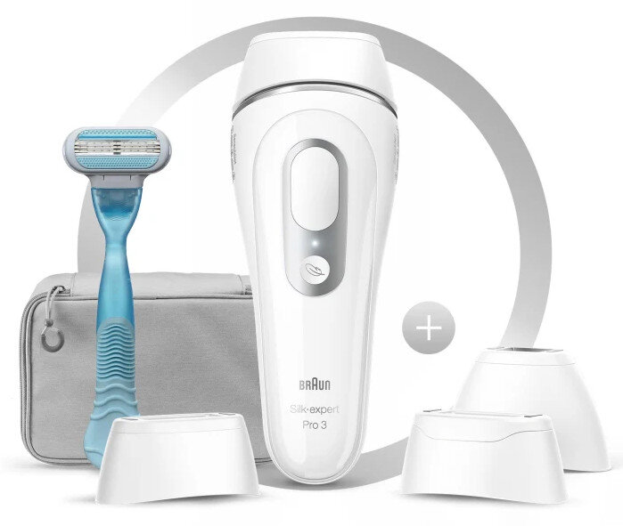 Biały depilator Braun Silk-expert Pro 3 z nakładkami i niebieską golarką. Szara torba podróżna również.