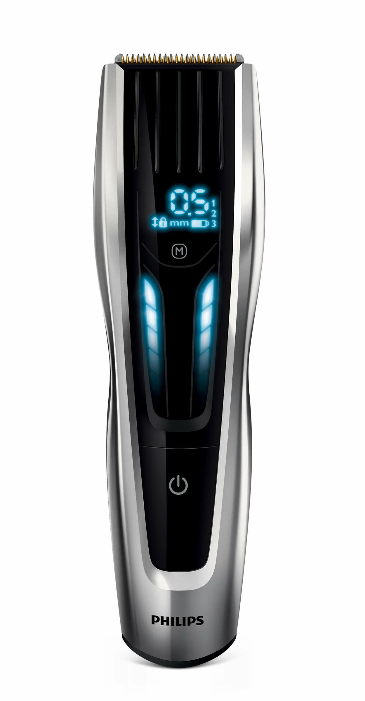 Srebrno-czarna maszynka Philips z niebieskim wyświetlaczem 0,5 mm.