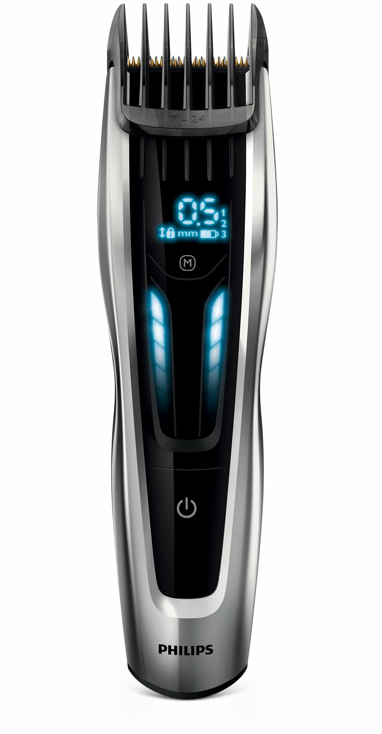 Srebrna i czarna maszynka do włosów z wyświetlaczem cyfrowym i regulowanymi długościami cięcia.