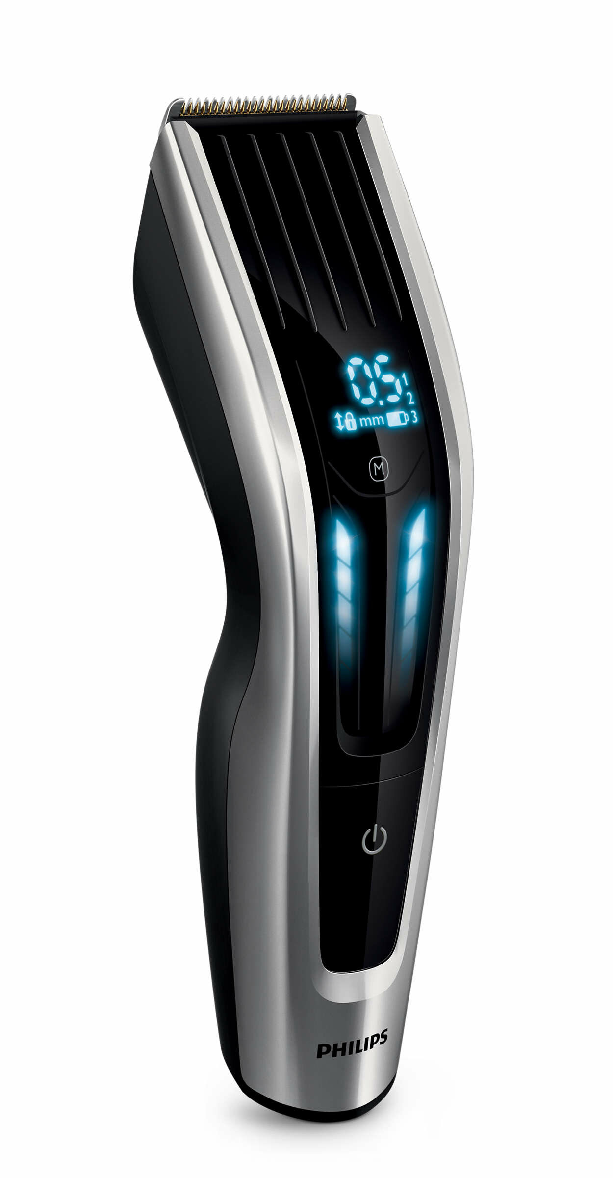 Srebrno-czarna maszynka do strzyżenia brody Philips z wyświetlaczem cyfrowym i niebieskim podświetleniem.
