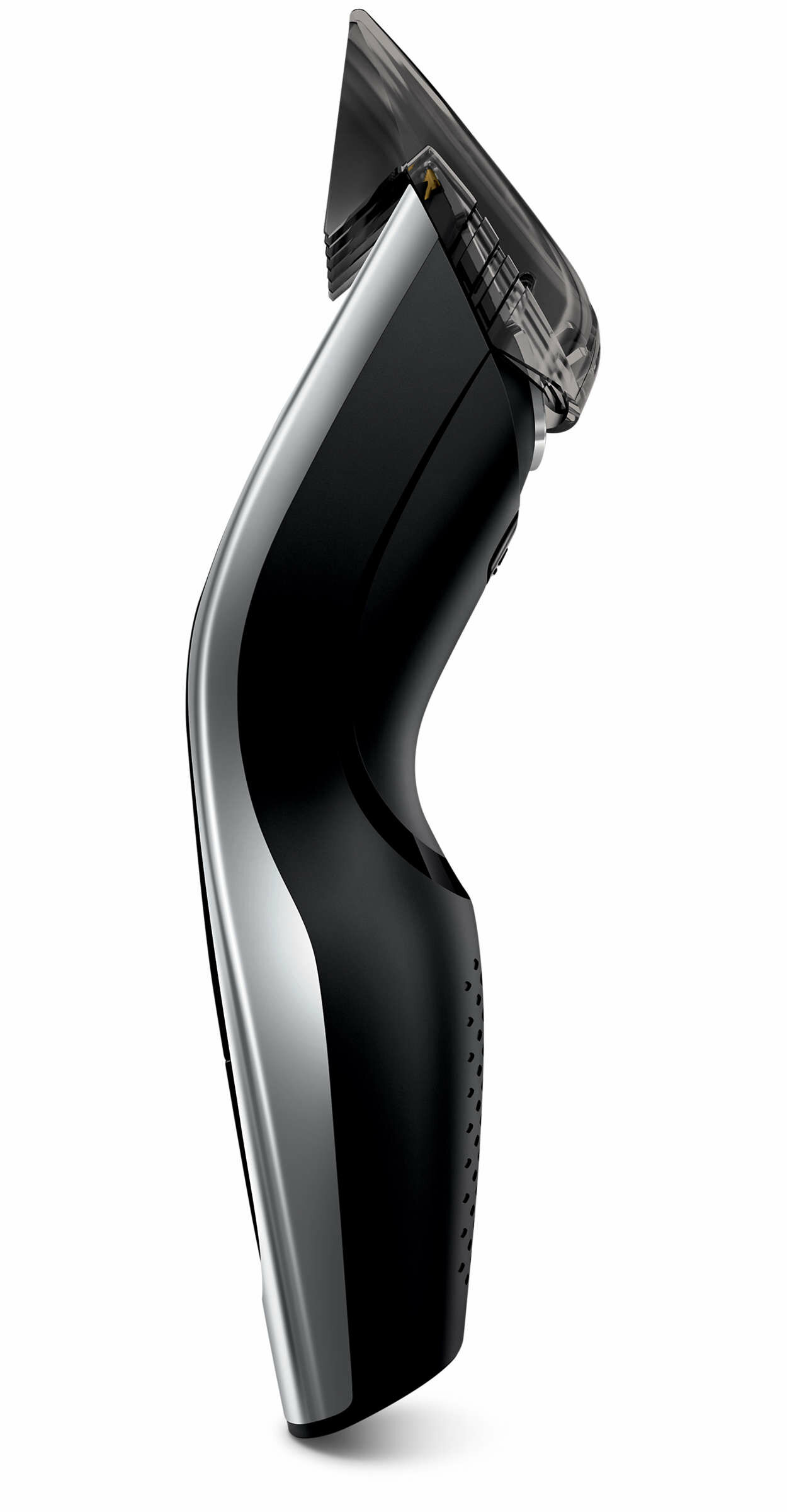 Czarne i srebrne strzyżarki do włosów, widok z boku, na białym tle.