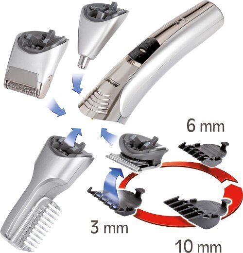 Golarka elektryczna z wieloma nasadkami. Strzałki pokazują mocowanie głowic.