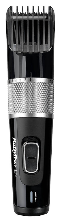 Czarna maszynka do strzyżenia brody BabylissMEN. Pokrętło ustawień długości i przycisk zasilania.