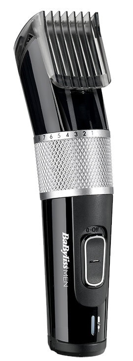 Czarna i srebrna elektryczna maszynka do strzyżenia włosów. Trymer ma numerowaną tarczę i przycisk włączania/wyłączania.