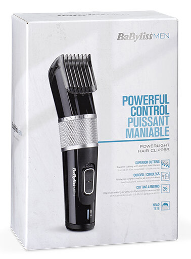 Pudełko do maszynki BaBylissMEN, czarne i srebrne, z tekstem w wielu językach.