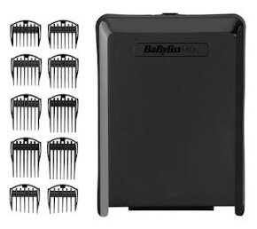 Czarny trymer z nasadkami. Różne prowadnice grzebieniowe w etui.