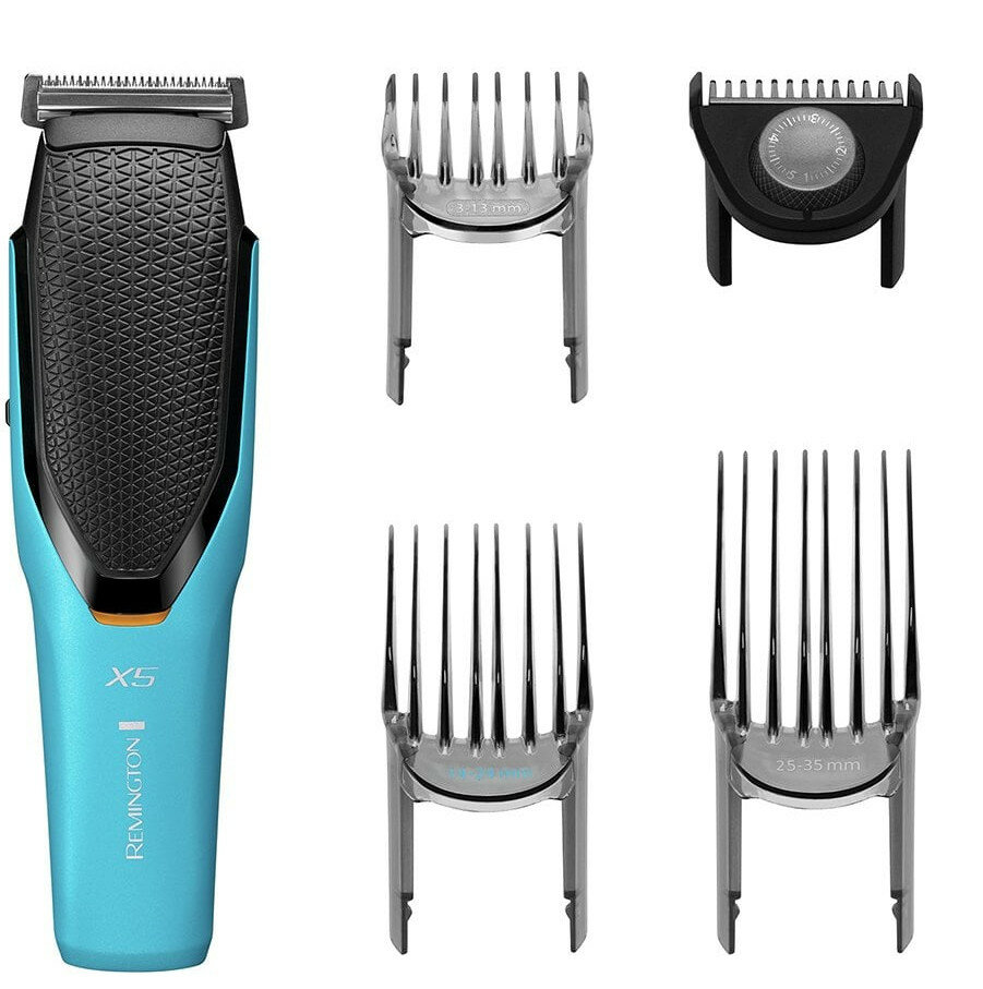 Trymer do włosów Remington X5 z wieloma nasadkami na białym tle.