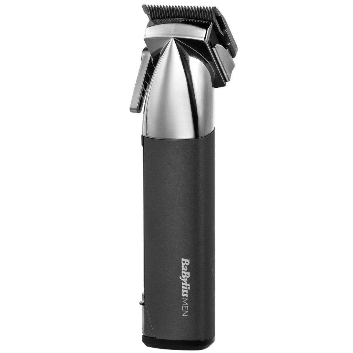 Czarny i srebrny trymer BabylissMEN. Jest pionowy z nazwą marki na uchwycie.