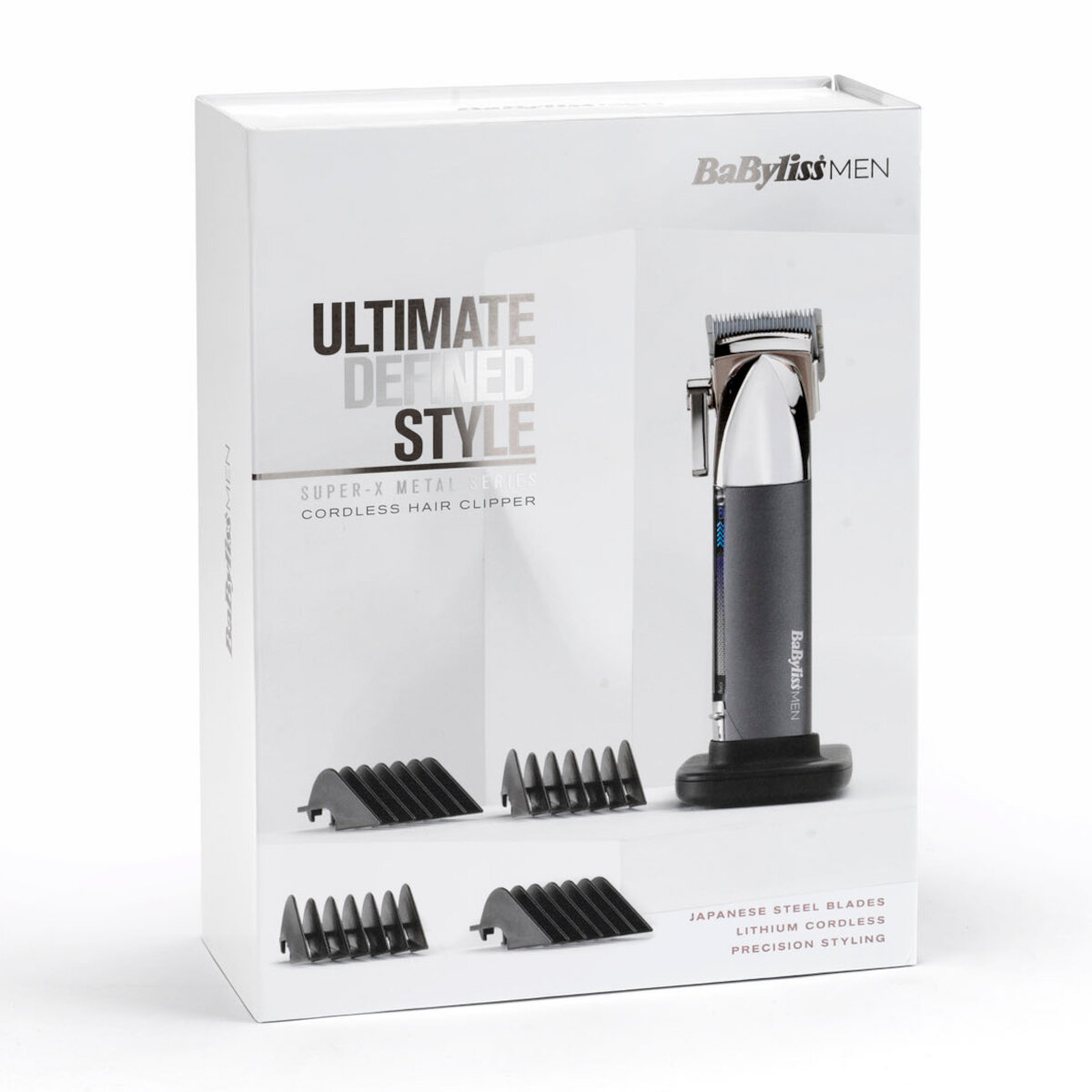 Pudełko z maszynką do włosów, z nazwą marki i informacjami o produkcie.