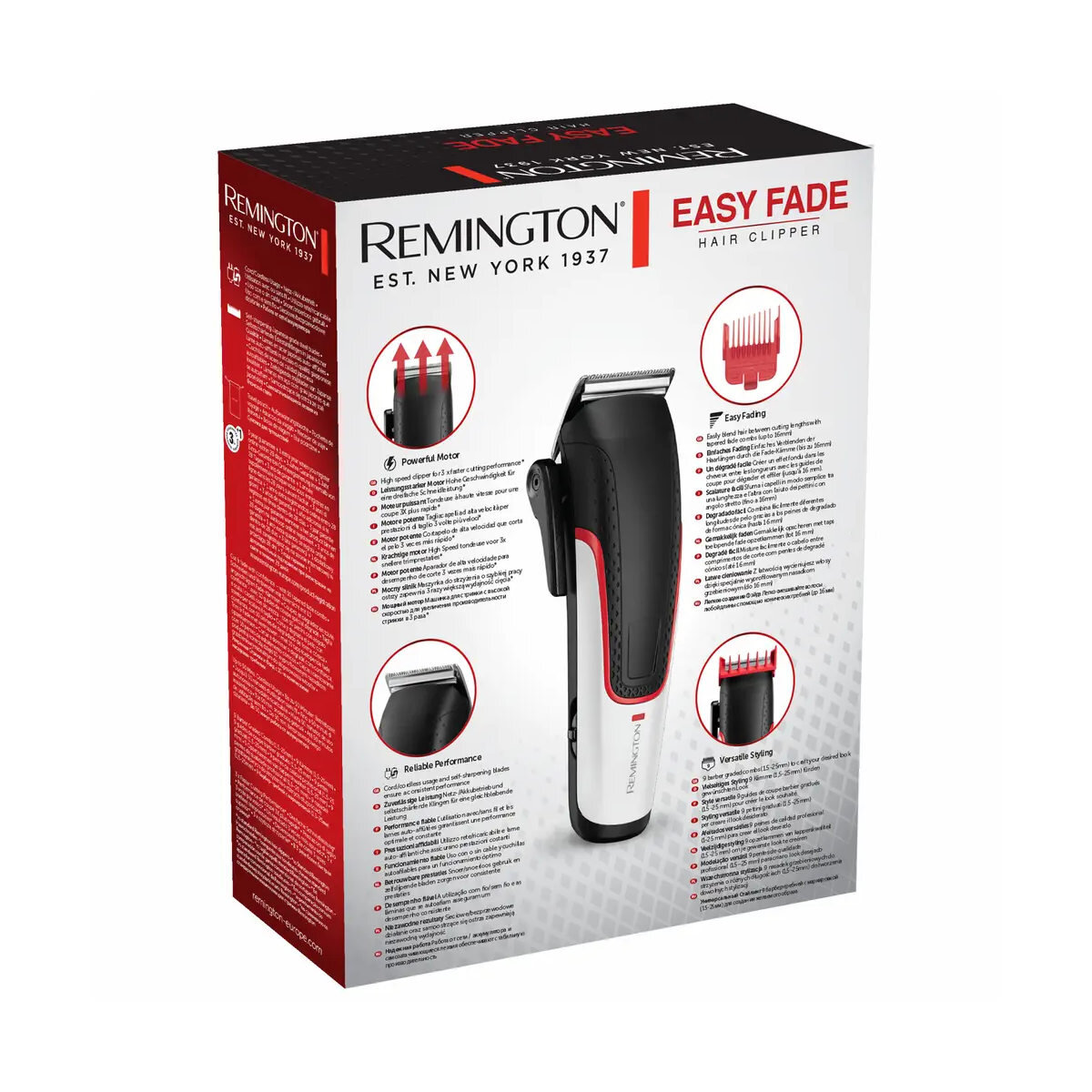 Pudełko do maszynki do włosów Remington z tekstem i diagramami ilustrującymi cechy maszynki.