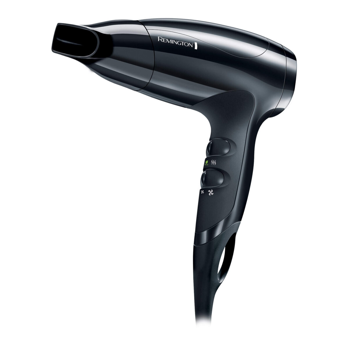 Czarna suszarka do włosów na białym tle, z przyciskami i dyszą.