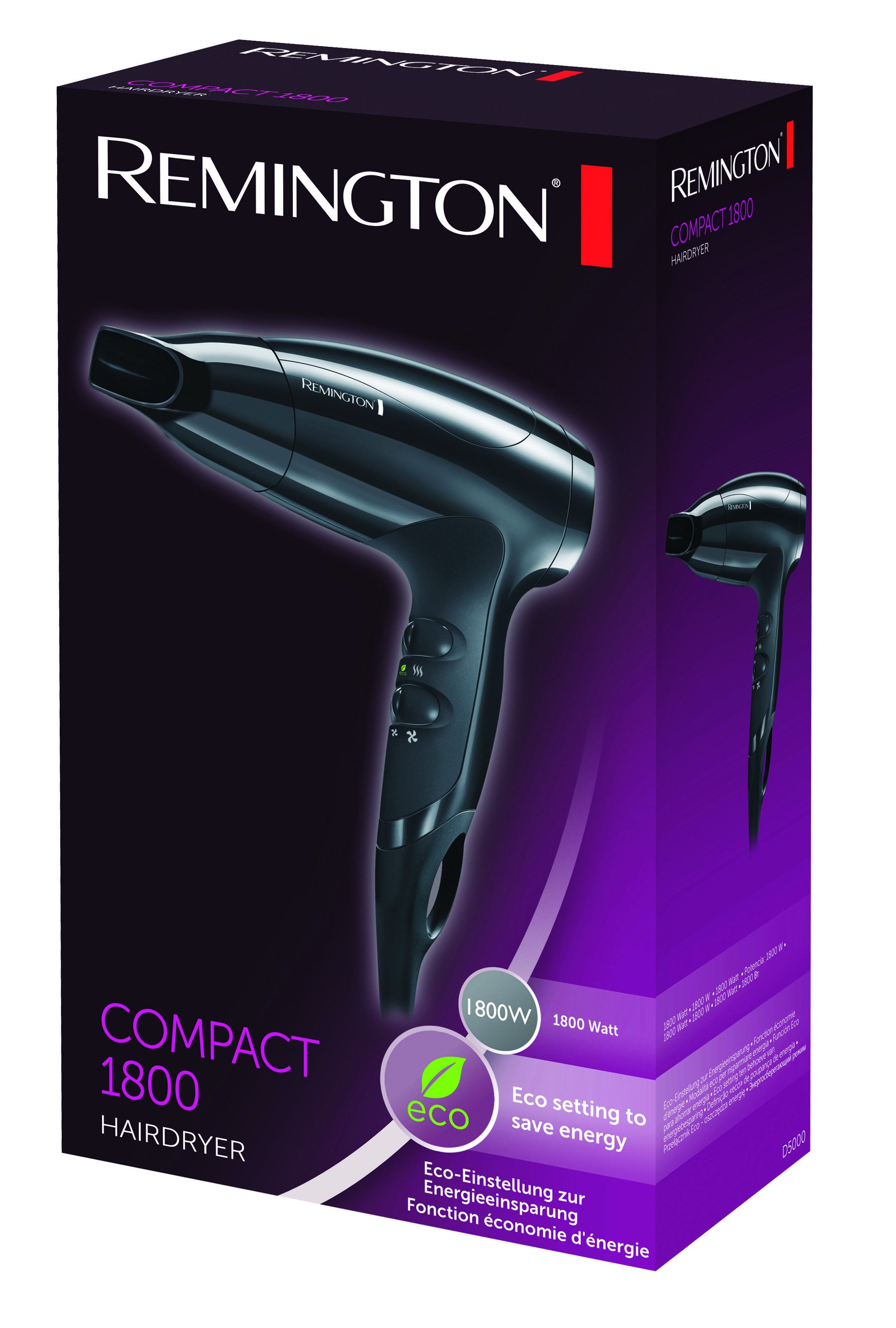 Pudełko suszarki do włosów Remington ze szczegółami produktu i zdjęciami.