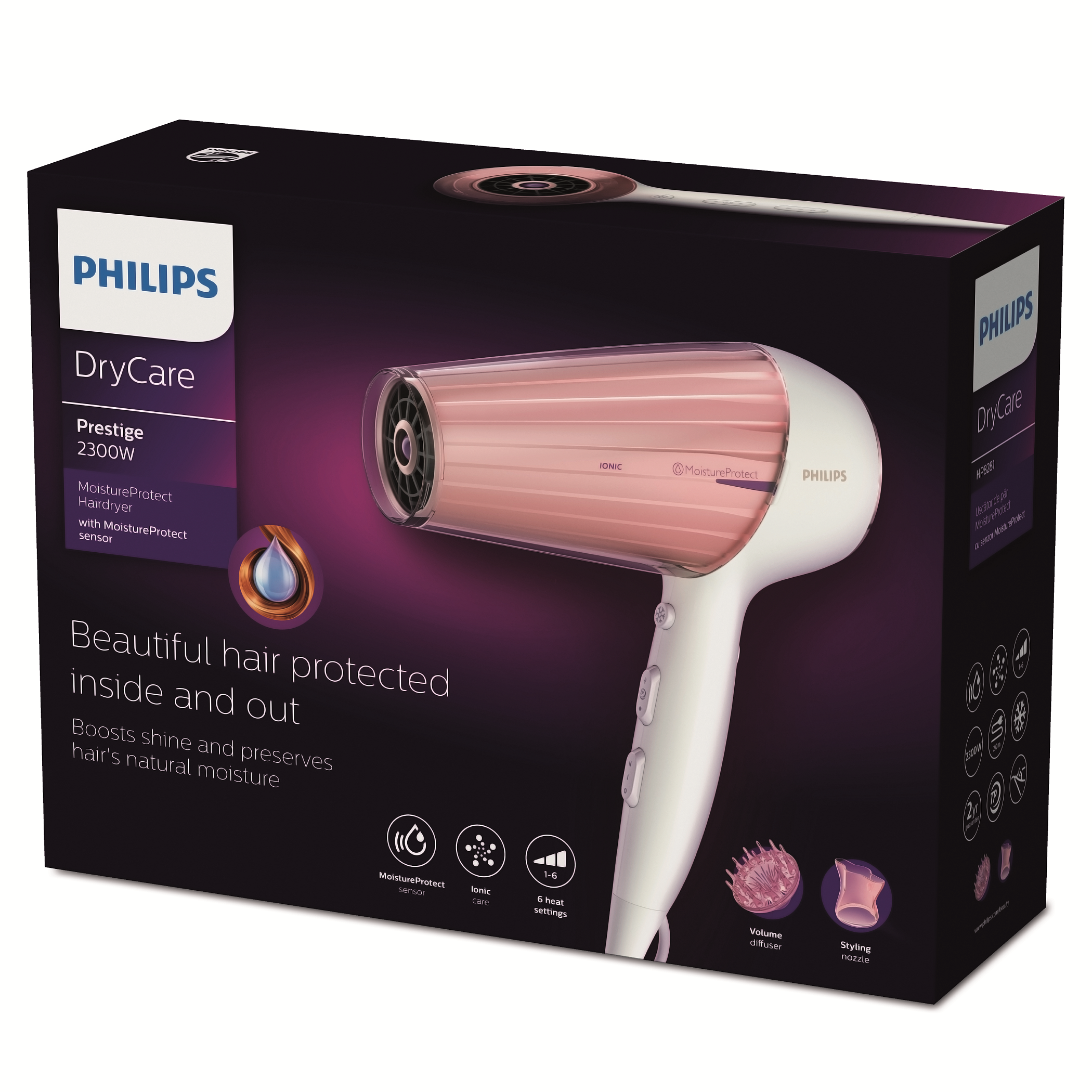 Pudełko produktu suszarki do włosów Philips DryCare z różową suszarką do włosów na białym tle.