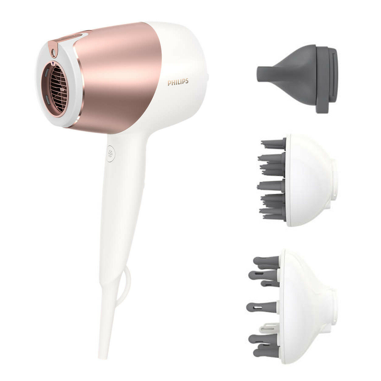 Biała i różowo-złota suszarka do włosów Philips z nasadkami, na białym tle.