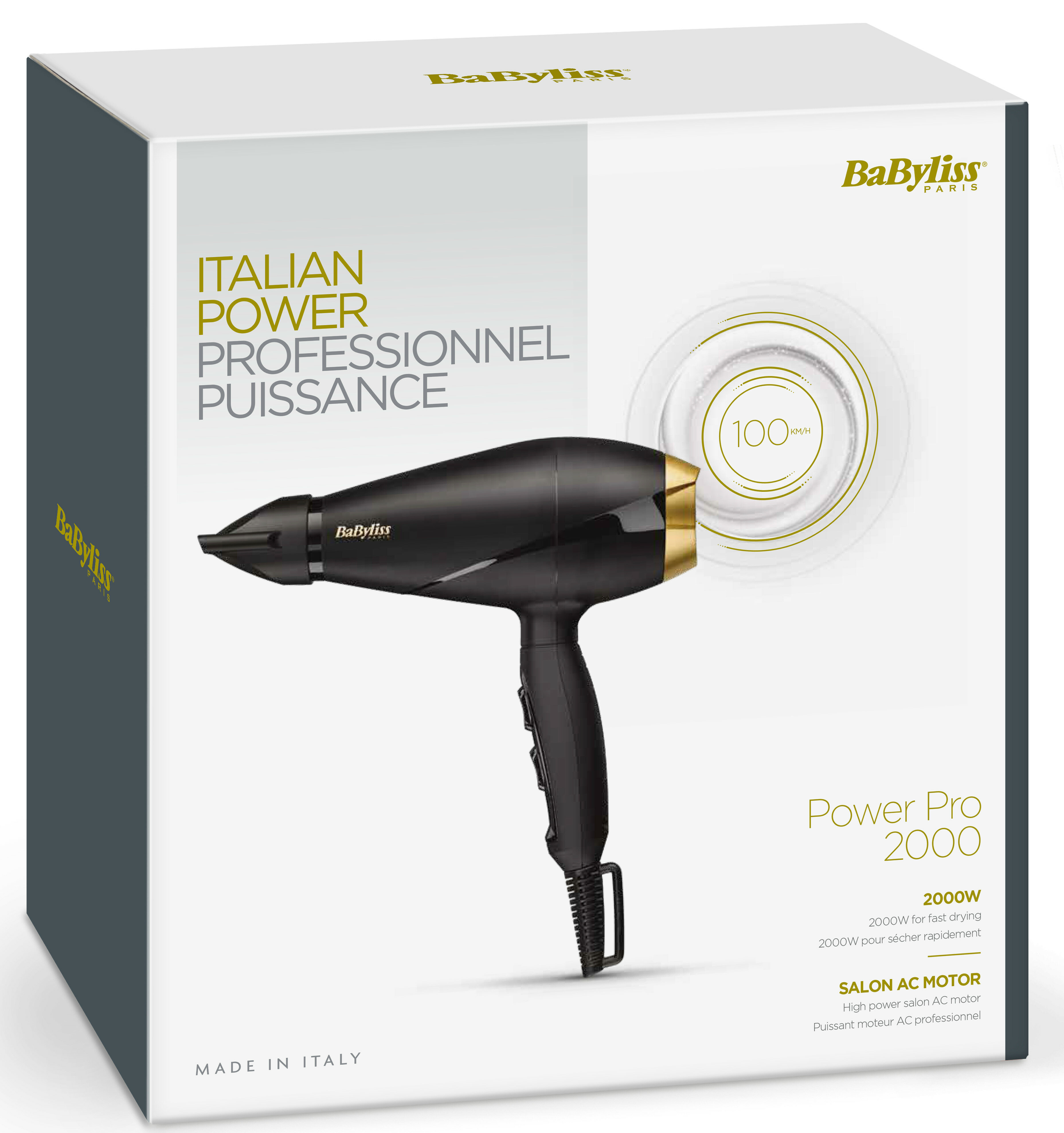 Czarna i złota suszarka do włosów Babyliss w pudełku z tekstem.